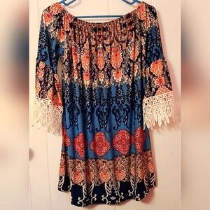 Teal half-sleeve tunic, lace sleeves, Size L/XL BoHo - New and never worn